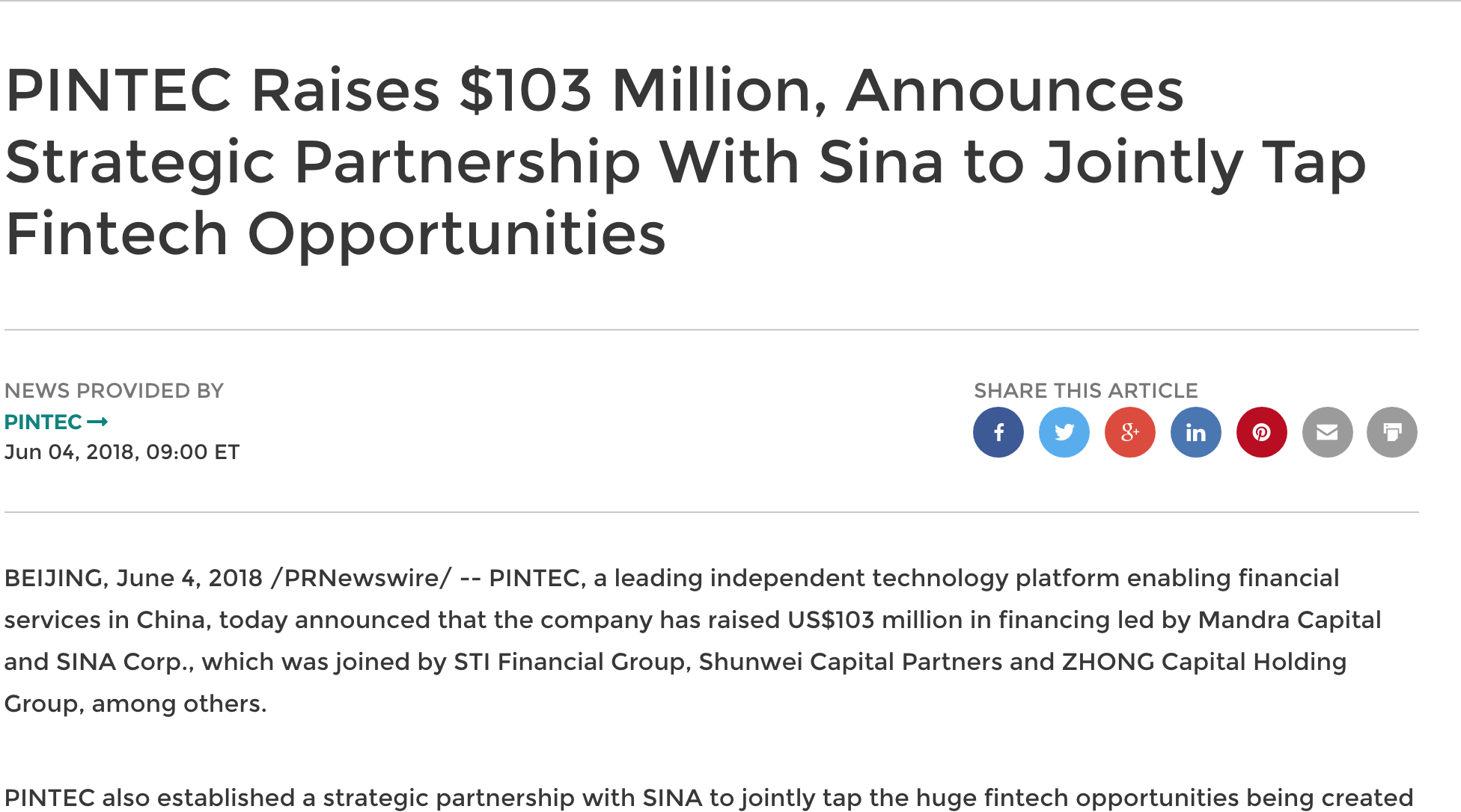 PIVOT's shareholder raises new capital in strategic partnership with Sina Corp to tap fintech opportunities using data and AI